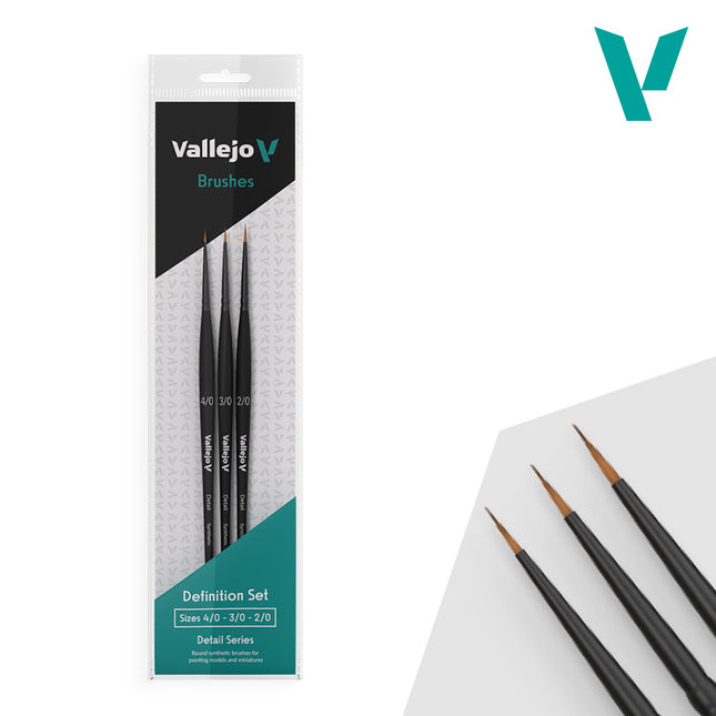 Vallejo Hobby Brushes: Detail Definition Set - Synthetic fibers (Sizes 4/0, 3/0 & 2/0)